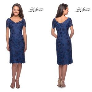 New La Femme 25522 Blue Lace Midi Cocktail Dress